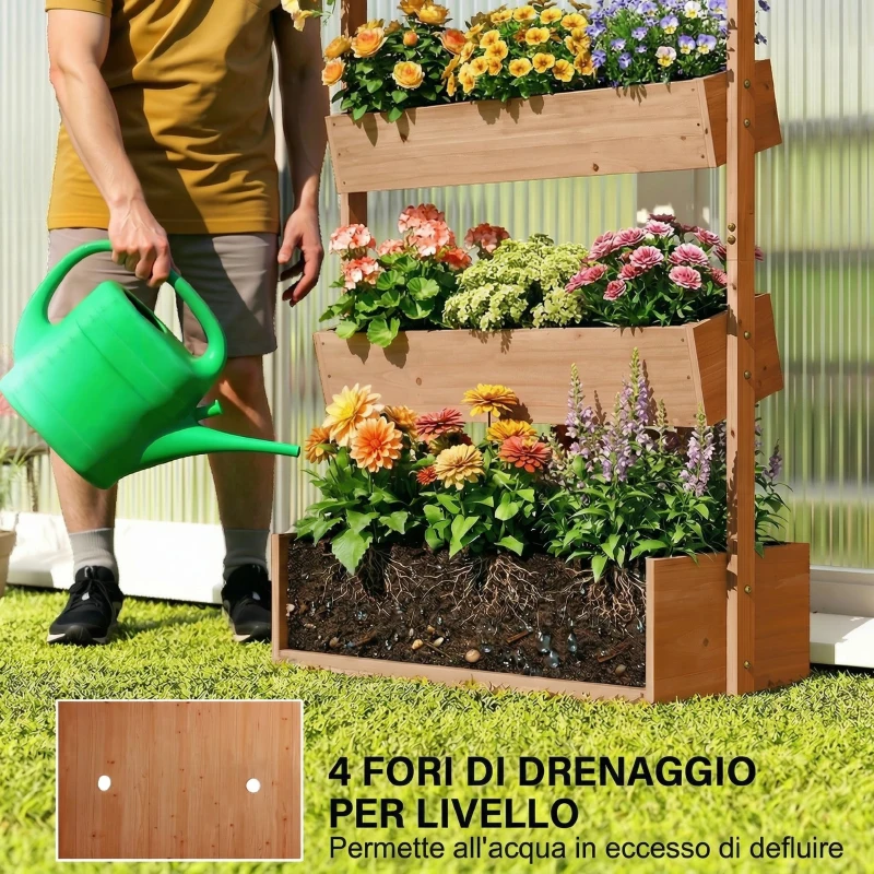 Outsunny Letto da Giardino Rialzato, Fioriera Verticale in Legno con Drenaggio e Rivestimento.