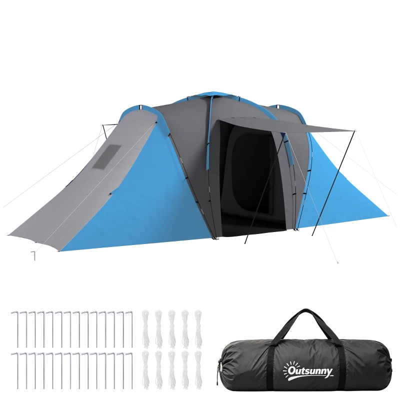 Outsunny Tente de camping familiale 4 pers. étanche facile à monter 2 grandes portes dim. 5,55 x 2,25 x 1,9 m gris foncé et bleu