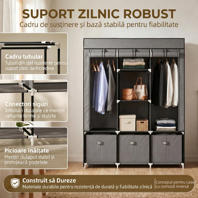 HOMCOM Dulap pliabil din material textil cu sertare și uși rulabile cu fermoar, 125x43x162,5cm, gri închis