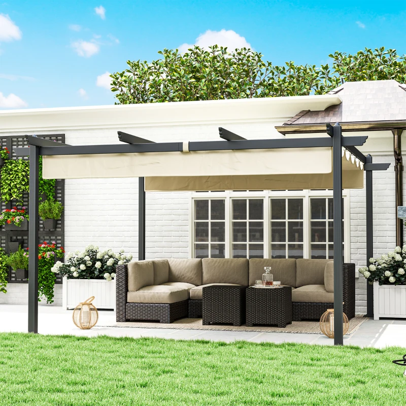 Outsunny Verstelbare Tuin-Pergola, Paviljoen met Aluminium Frame, Buiten Baldakijn, voor Tuin, Balkon, Terras, Beige