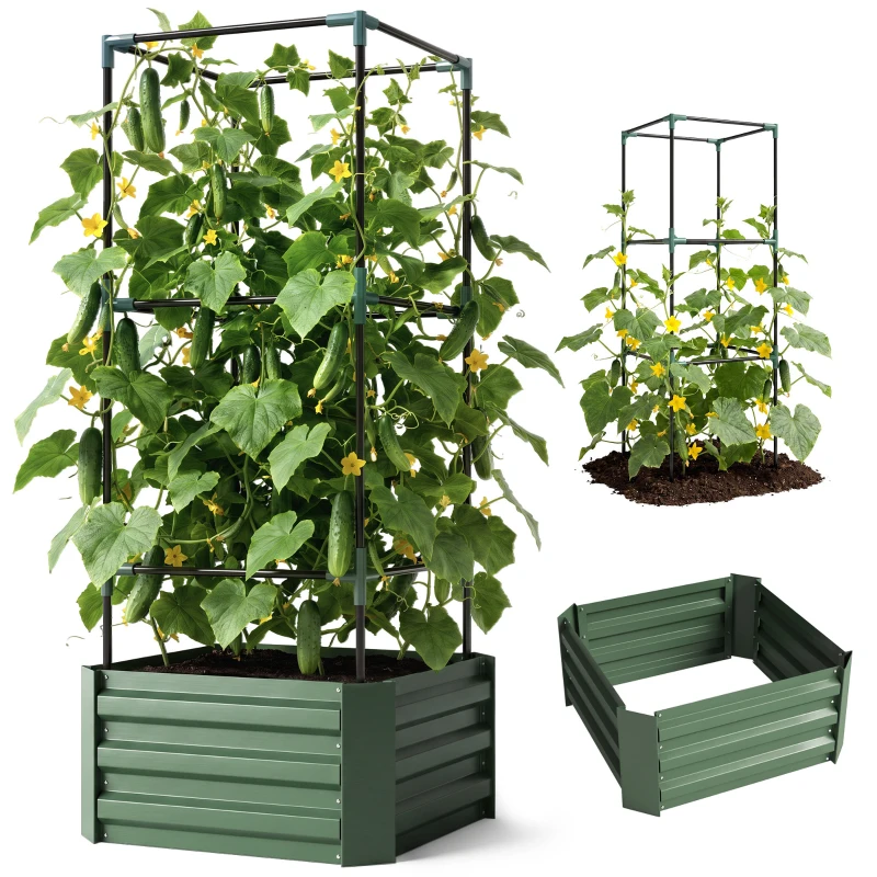 Outsunny Verhoogde plantenbak met klimrek, plantenbak met klimsteun, open bodem, weerbestendig, 61 cm x 61 cm x 140 cm, groen