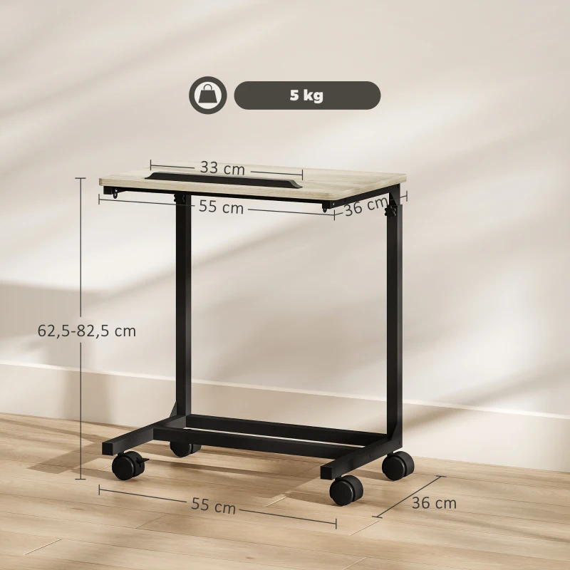 HOMCOM Bijzettafel, bureau en nachtkastje, in hoogte verstelbaar, 4 wielen, metalen frame