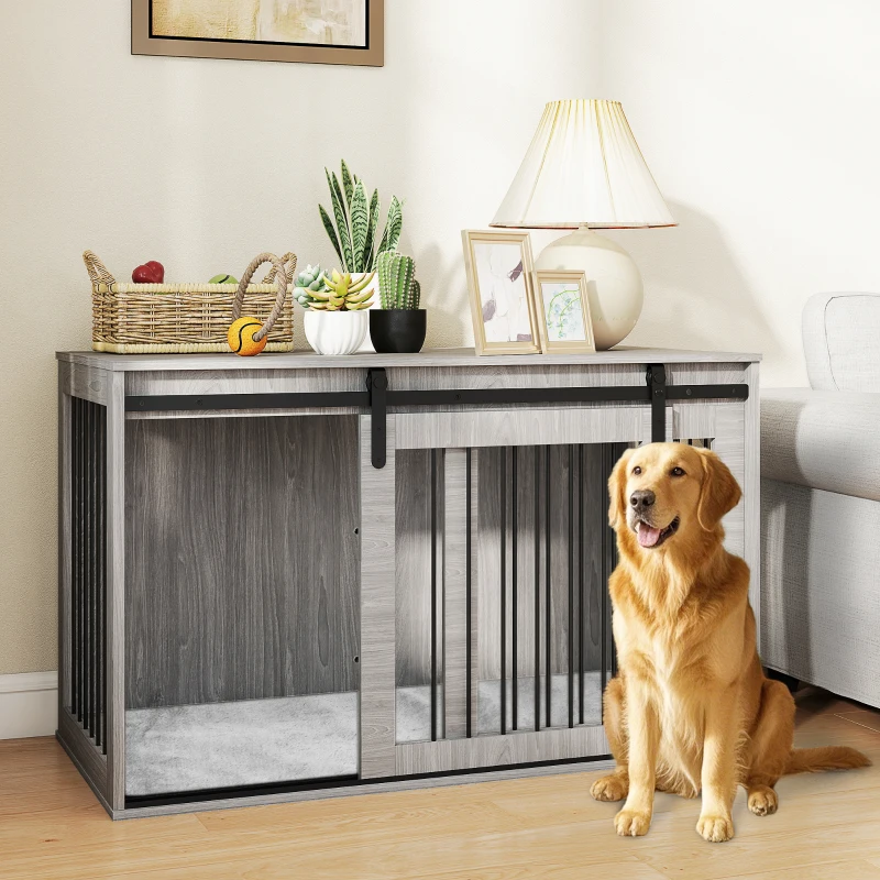 PawHut 118cm Dog Crate Furniture with Removable Cushion for Extra Large Dogs - Grey