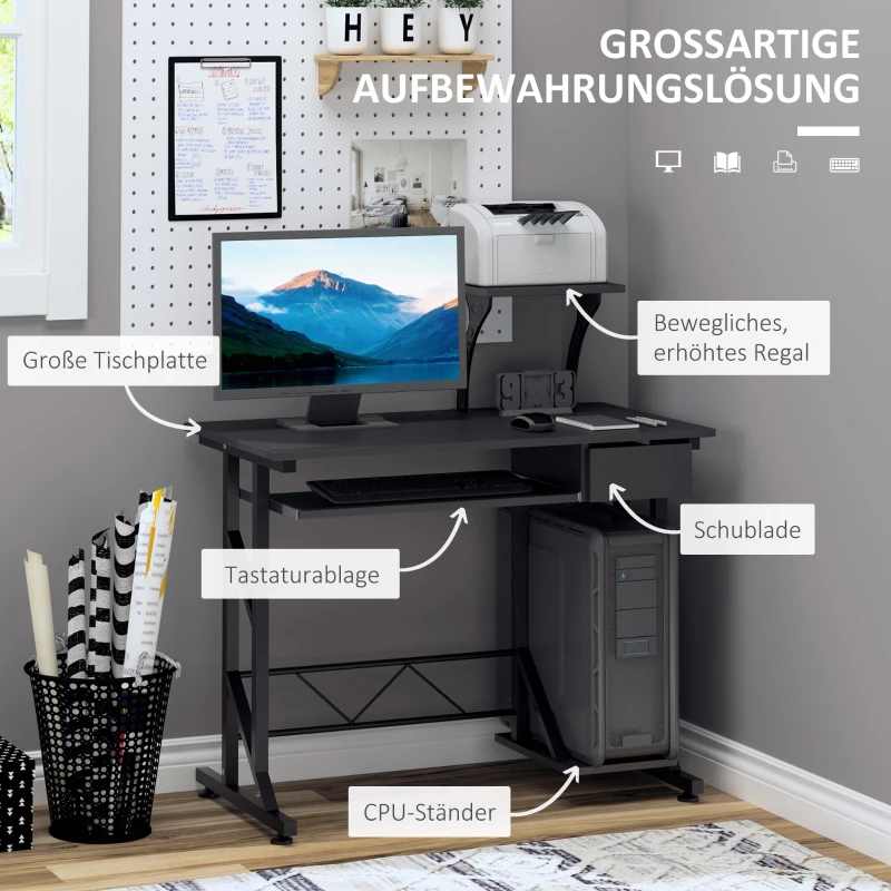 HOMCOM Computertafelbureau met planken en lades stabiel zwart