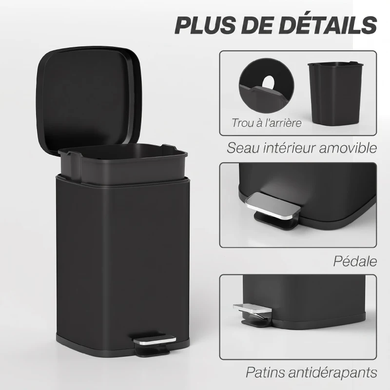 HOMCOM Poubelle de Cuisine 20L avec Couvercle à Fermeture Douce et Pédale, Seau Intérieur Amovible, 28L x 35l x 45H cm, Noir