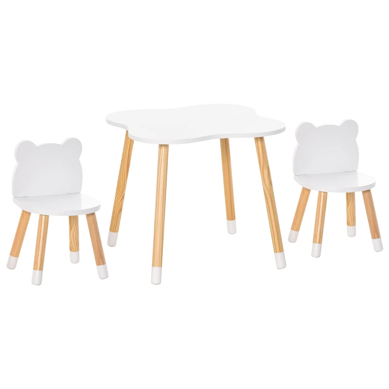 HOMCOM Ensemble table et chaises enfant design scandinave motif ourson bois pin MDF blanc