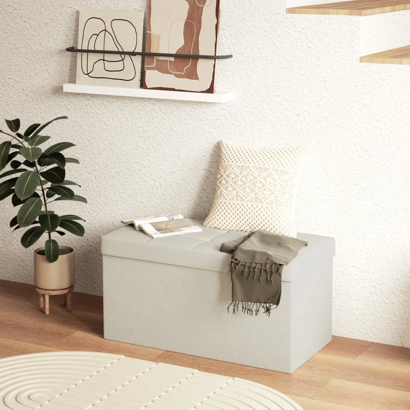 HOMCOM Puff Almacenaje, Banco Almacenaje Plegable 84 L 76x38x38 cm Tapizado en Lino Sintético Baúl de Almacenamiento Crema