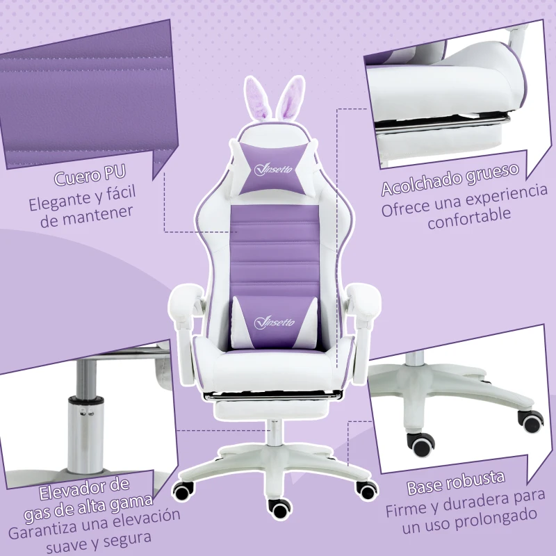Vinsetto Silla Gaming de Cuero Sintético Reclinable 135° Reposacabezas Soporte Lumbar y Reposapiés 65x63x136-142 cm Púrpura