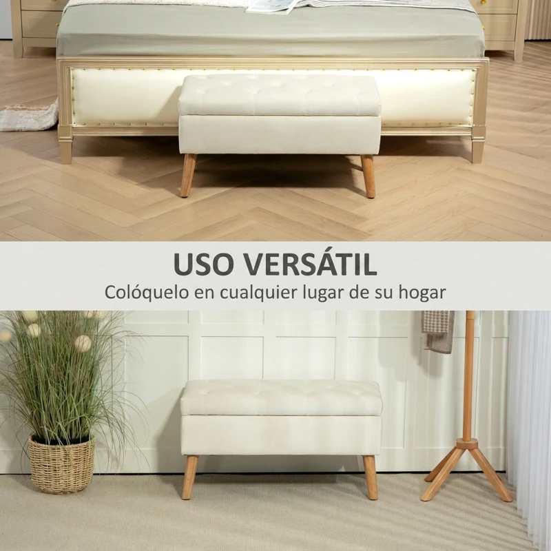 HOMCOM Puff Almacenaje Tapizado en Terciopelo con Tapa Patas de Madera para Sala de Estar Dormitorio Entrada 80x35x42 cm Crema