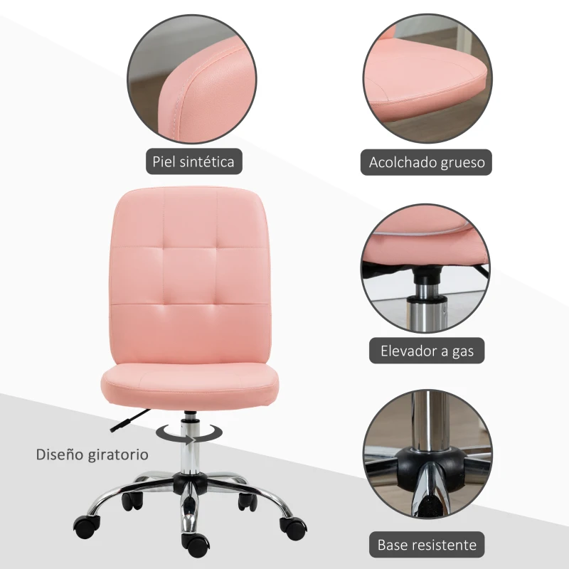 Vinsetto Silla de Oficina sin Brazos Silla de Escritorio Giratorio de Piel Sintética con Altura Ajustable 45x59x90-100 cm Rosa
