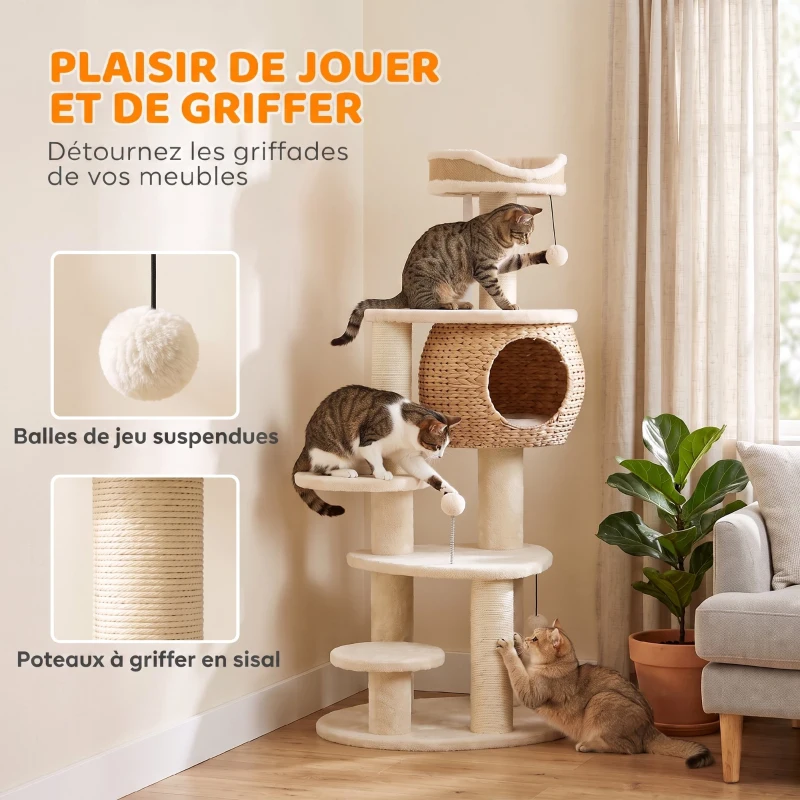 PawHut Arbre à Chat Tour pour Chat en Rotin Design 4 Niveaux avec Niche Quenouille Panier Jute et Coussin 132cm Beige