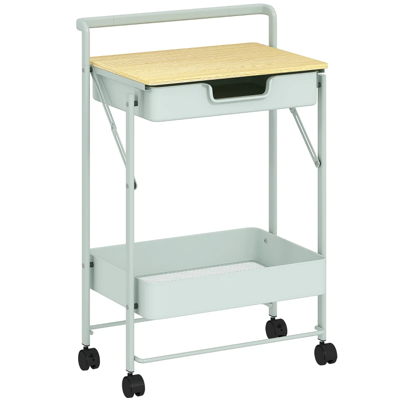 HOMCOM Carrito Auxiliar con Ruedas de 2 Niveles con Cajón Encimera y Cesta de Rejilla para Dormitorio Baño Cocina Verde Claro