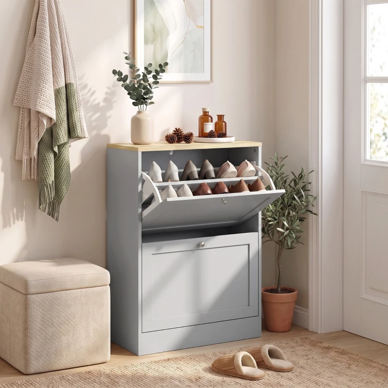 HOMCOM Zapatero 12 Pares, Mueble de Entrada con 2 Cajones Abatibles y Baldas Regulables, 60 x 23,5 x 80cm, Gris