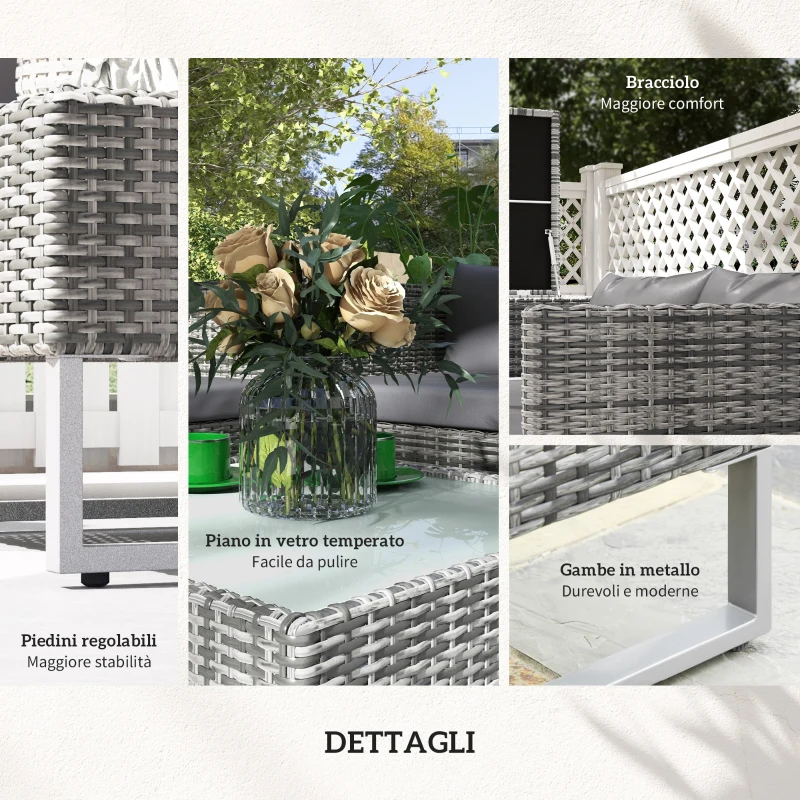 Outsunny Set da Giardino 4 Pezzi con 2 Divani 2 Posti, Tavolino da Caffè e Tavolino Alto, in Acciaio e Rattan