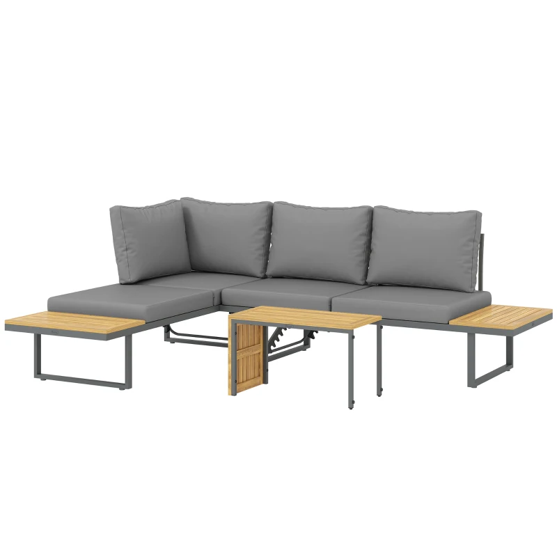 Outsunny Buitenmeubelset, Uitbreidbaar naar 6 Zitplaatsen, L-Vormige Buitenhoek met Tafels, Stalen Frame, Verstelbare Leuningen, Grijs