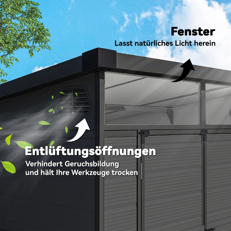 Outsunny 1,9 x 1,9 m Tuinhuis, Gereedschapsschuur van Kunststof, Afsluitbare Deuren, 2 Ventilatieopeningen, Donkergrijs(m-6)