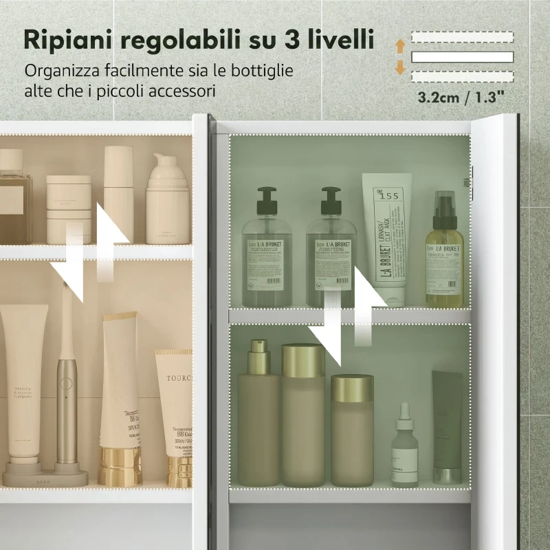 HOMCOM Specchio Bagno Contenitore con 3 Ante, 91.5x11.5x65 cm, Mobile Bagno da Parete, Ripiani Regolabili, Bianco