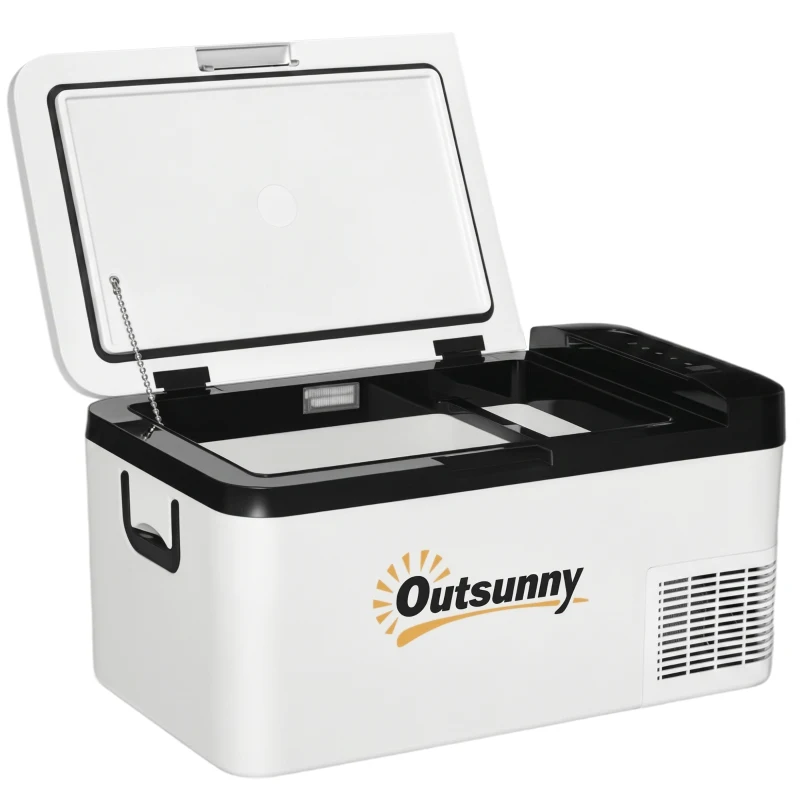Outsunny Nevera Portátil Eléctrica 18L 12/24V hasta -20℃ Nevera y Congelador de Compresor para Coche con Doble Zona Luz LED Asas Plegables Bajo Consumo Energético para Camping 58,5x33,5x29,2 cm Blanco