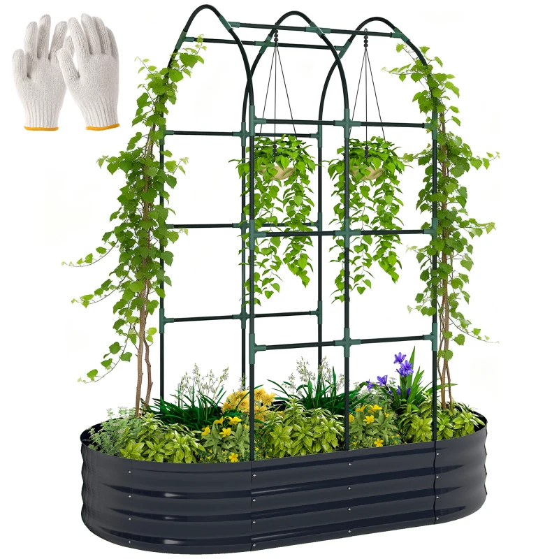 Outsunny Verhoogd plantenbed met klimrek, metalen plantenbak met handschoenen tuinkist 160 x 90 x 180 cm, Donkergrijs
