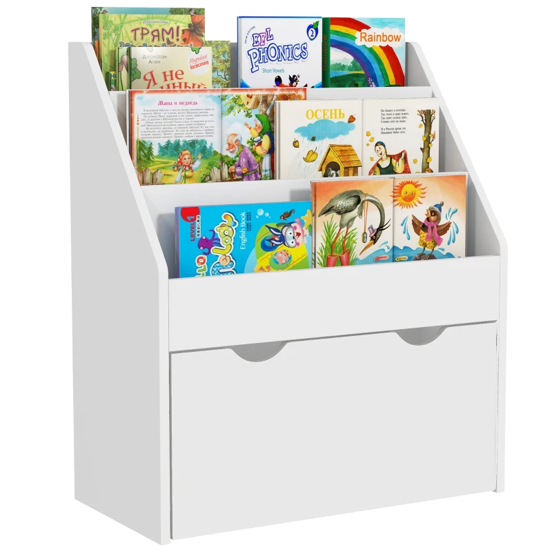 AIYAPLAY Bibliotecă pentru copii cu vârsta între 3-8 ani, cu 3 rafturi și sertar inferior, din MDF, 62,5x30x70 cm, alb