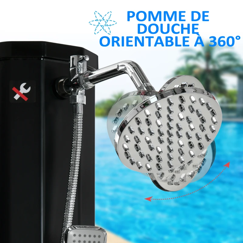 Outsunny Douche solaire d'extérieur réservoir 35L pression max. 3,5 bar, mitigeur, grand pommeau, douchette, robinet à pieds