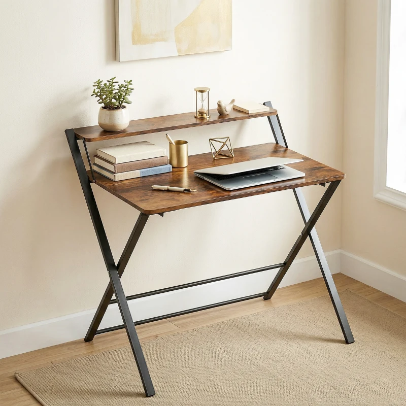HOMCOM Compact Folding Desk for Small Spaces with Storage Shelf for Home Office, Rustic Brown