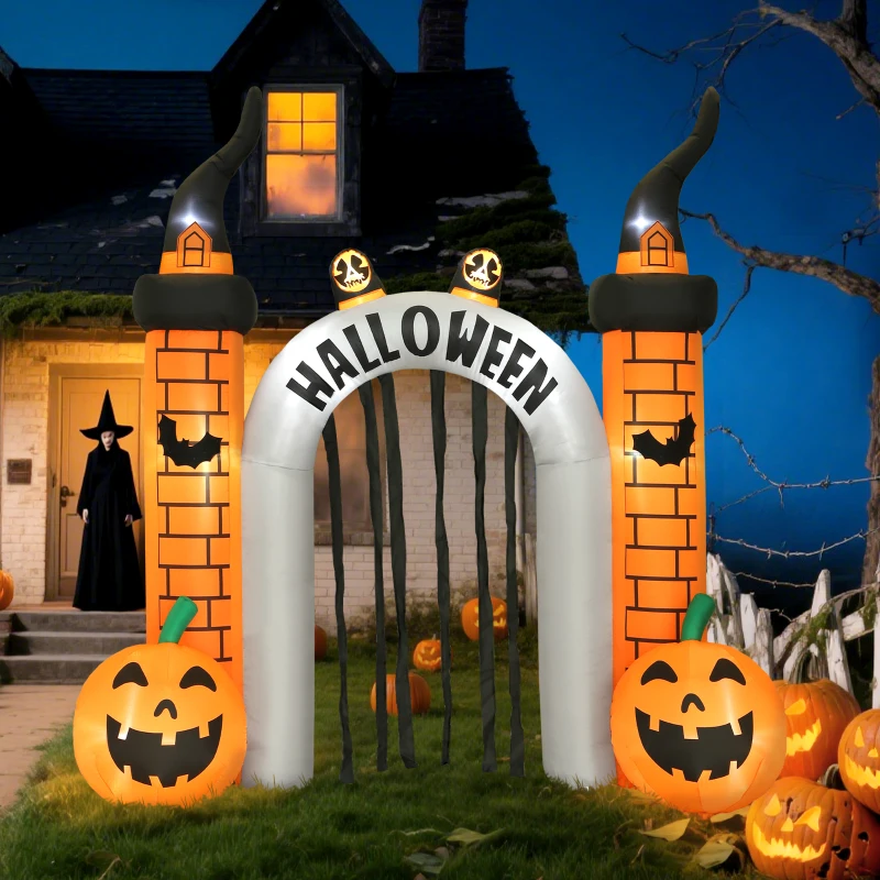 Outsunny Opblaasbare Halloween-boog, pompoenontwerp, LEDs, haringen, polyester