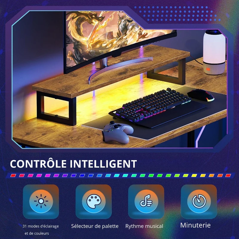 Bureau d'angle en L avec éclairage LED, plateau surélevé pour moniteur + crochet pour casque, 142x118x87,5 cm, Marron