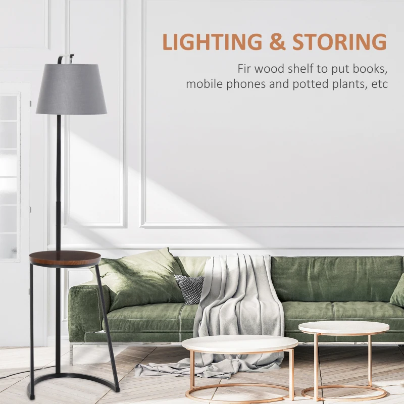 HOMCOM 165cm Unique Floor Lamp & Middle Wood Shelf Industrial Style Steel Frame Curved Base Home Office Lighting Storage Brown&Black