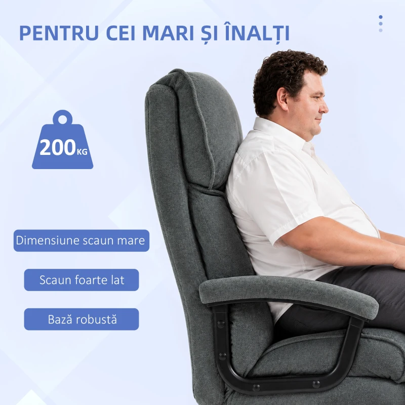 Scaun de Birou HOMCOM Consolidat Capacitate 200kg, Rotativ și Inclinabil din Material Catifelat, Gri