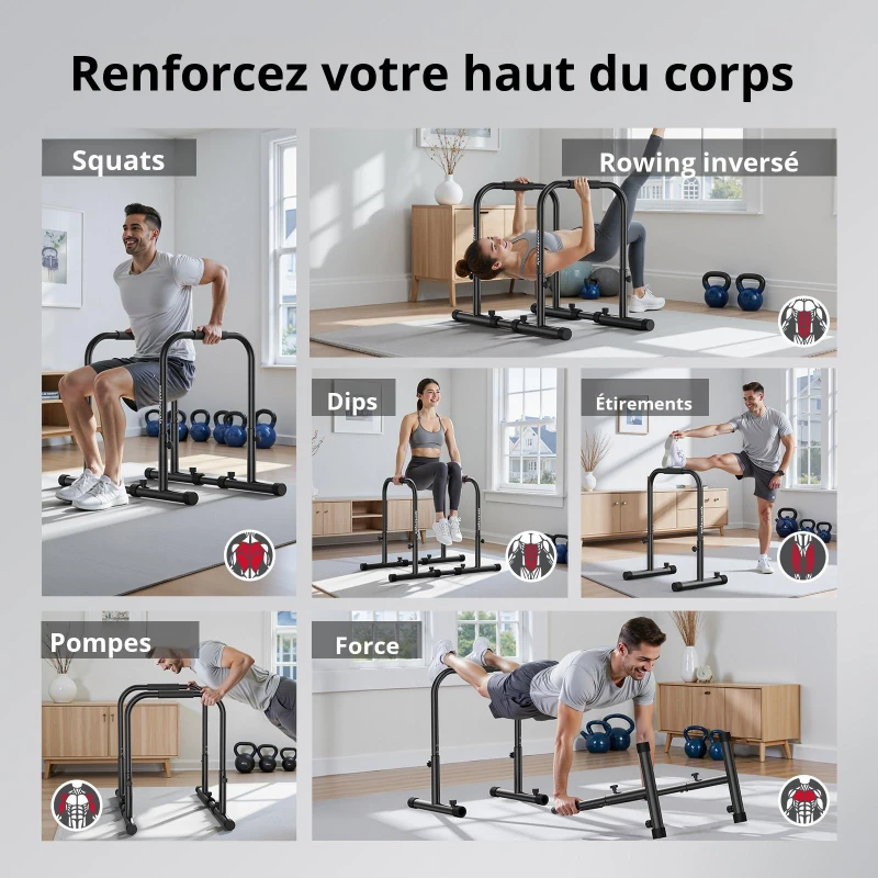 Barres de dips, réglables en hauteur, démontables et portables, 100x58x96 cm, Noir