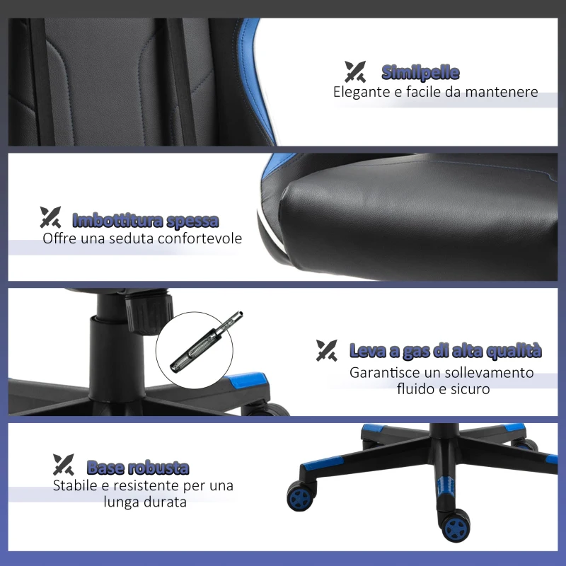 Vinsetto Poltrona da Gaming con Altezza Schienale Regolabile, Sedia Ufficio con Poggiatesta e Cuscino Lombare Nera e Blu