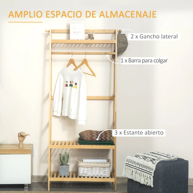 HOMCOM Perchero de Pie de Bambú Perchero Trapezoidal con Estantería de 3 Niveles con Barra y Colgador 70x42x164 cm Natural