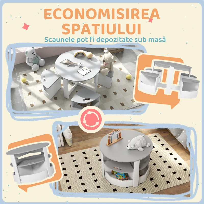 AIYAPLAY Set cu masă pentru copii și 4 taburete compacte cu spațiu de depozitare din lemn, gri