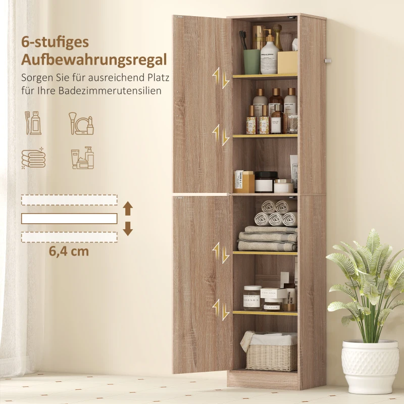 HOMCOM Badkamerkast 180 cm hoog, smalle badkast met 2 deuren en 4 verstelbare legplanken, spaanplaat, MDF, naturel houtlook