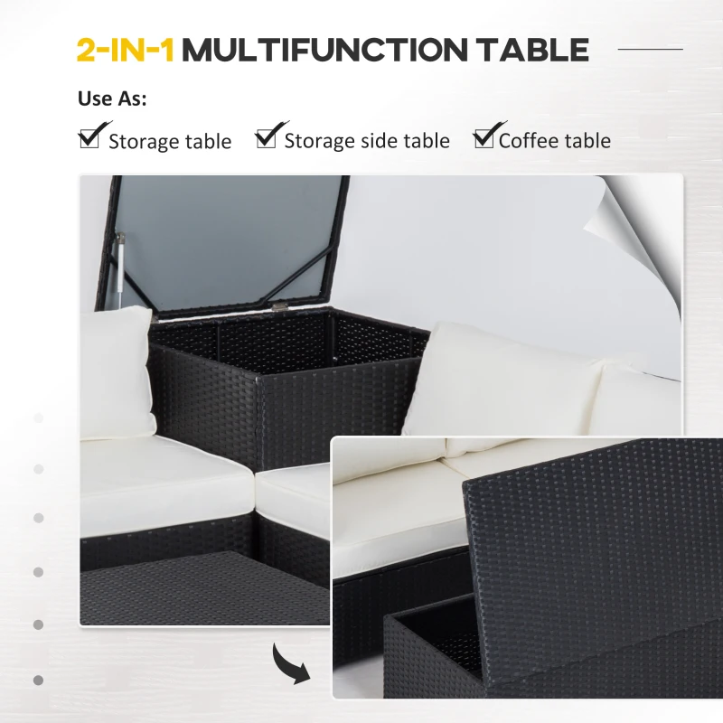 Outsunny 6 Pieces Rattan Garden Furniture Set, 4 Seater Wicker Garden Corner Sofa Set with 2 Storage Tables and Loveseats, Outdoor Conversation Furniture with Cushions for Conservatory, Patio, Black