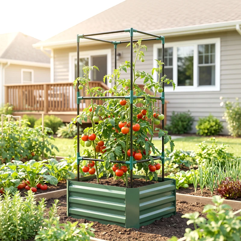 Outsunny Verhoogde plantenbak met klimrek, plantenbak met klimsteun, open bodem, weerbestendig, 61 cm x 61 cm x 140 cm, groen