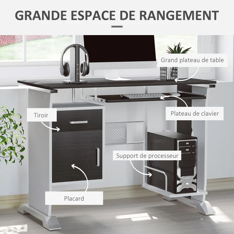 HOMCOM Bureau d'ordinateur, 100 x 52 x 75 cm, bureau avec tablette coulissante pour clavier, tiroirs et support d'unité centrale, table informatique pour étudier noyer foncé et blanc