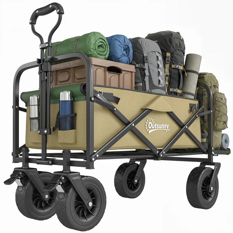 Outsunny Cărucior de grădină 110L cu mâner telescopic și bază rabatabilă din oțel și material textil Oxford, culoare kaki