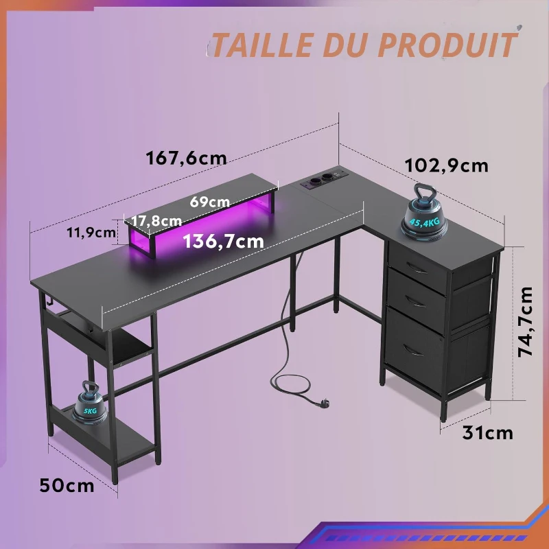 Bureau d'angle en L, LED pilotable via application et station d'alimentation intégrée, 167,5x50x87,5 cm, Noir
