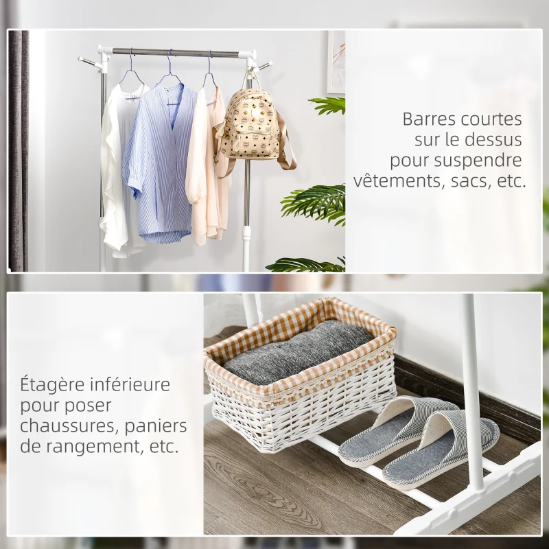 HOMCOM Portant à vêtements, penderie vêtement en acier avec support à chaussures et crochets latéraux, argent et blanc