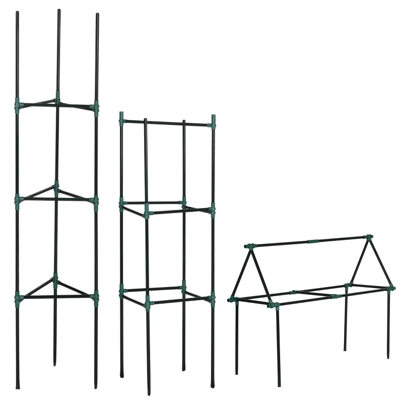Outsunny latwerk, set van 3 stuks, plantenhouder, steunpalen voor tuinplanten, tomatenkooi voor klimplanten, staal, groen, 38 x 38 x 182 cm