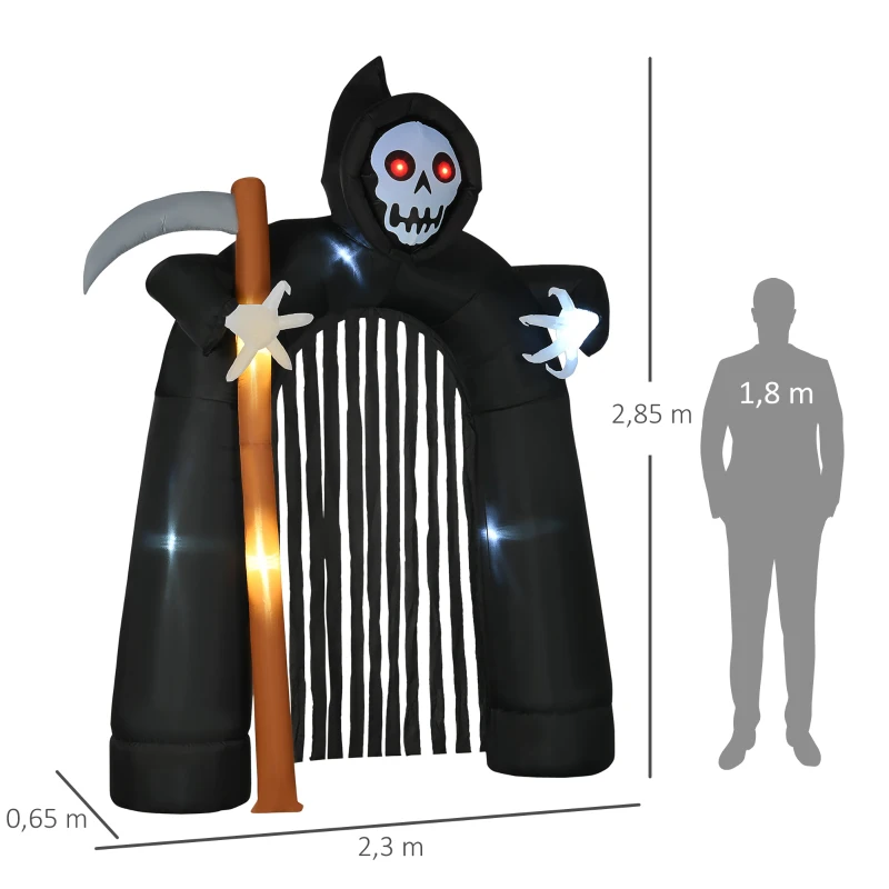 HOMCOM Grote Halloween Tuindecoratie Magere Hein-boog Zelfopblaasbaar met LED-verlichting 2,85 m