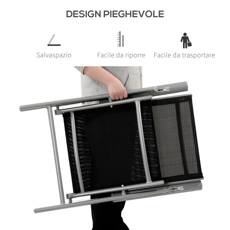 Outsunny Sedia da Giardino Pieghevole in Alluminio e Texteline Schienale Regolabile a 7 Livelli, Nero 65x55x85-105cm