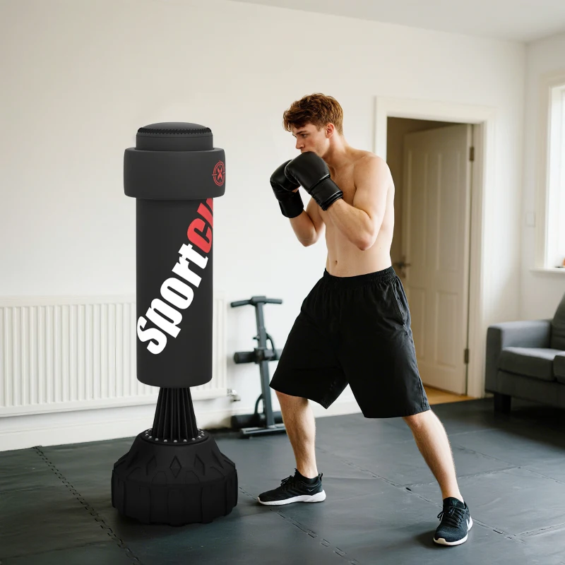 SPORTNOW Vrijstaande Bokszak, Verstelbaar Stootkussen, Vulbare Basis tot 50 kg, 58 x 58 x 175 cm, Zwart