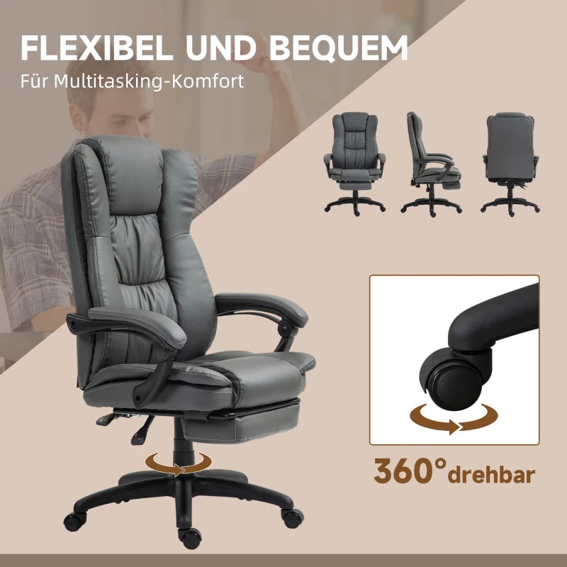 Vinsetto Verstelbare draaistoel met voetsteun, hoofdsteun, massagefunctie, kunstleer, 68,5x68,5x113-121cm, donkergrijs