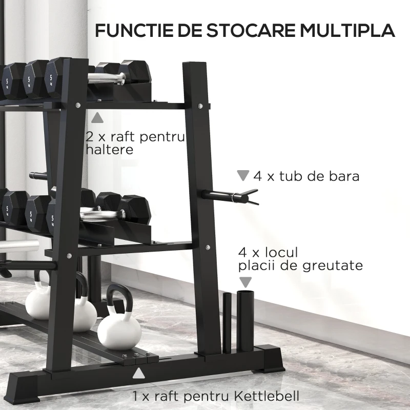 SPORTNOW Suport pentru Ganterele din Oțel cu 4 Tije Reglabile pentru Greutăți și Kettlebell-uri, 131x75x80 cm, Negru