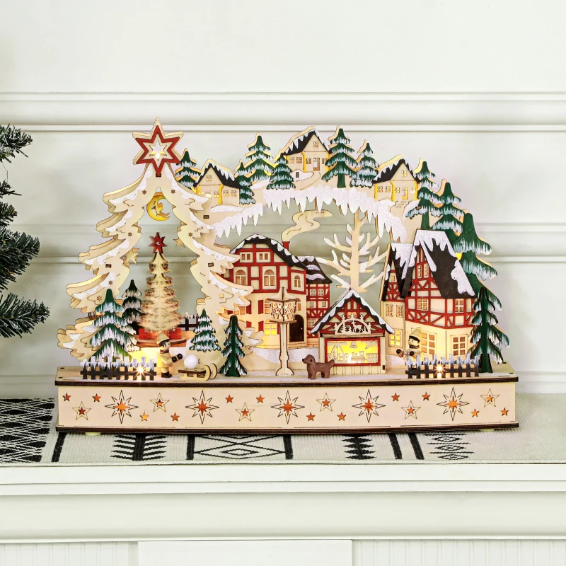 HOMCOM Kerstdorp in Winterwonderland, 20 LED-Lichten, Meerlaags, Natuurhout, 45 x 12 x 30 cm