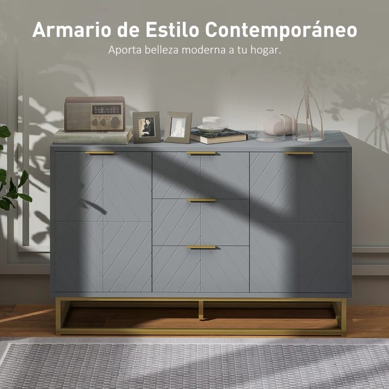 HOMCOM Aparador para Salón con 3 Cajones 2 Puertas y Estante Ajustable Mueble Auxiliar para Salón Antivuelco 120x40x76 cm Gris
