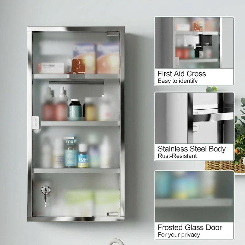 HOMCOM 4 Tier Stainless Steel Wall Mounted Medicine Cabinet Glass Lockable Door Storage Shelves Houseware Bathroom Furniture 60Hx30Wx12D(cm) w/2 Keys